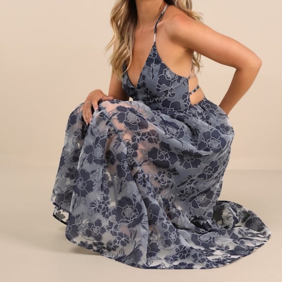 Lulus Feeling Like Forever Navy Jacquard Organza Lace-up Midi Dress Blue - Picture 1 of 1